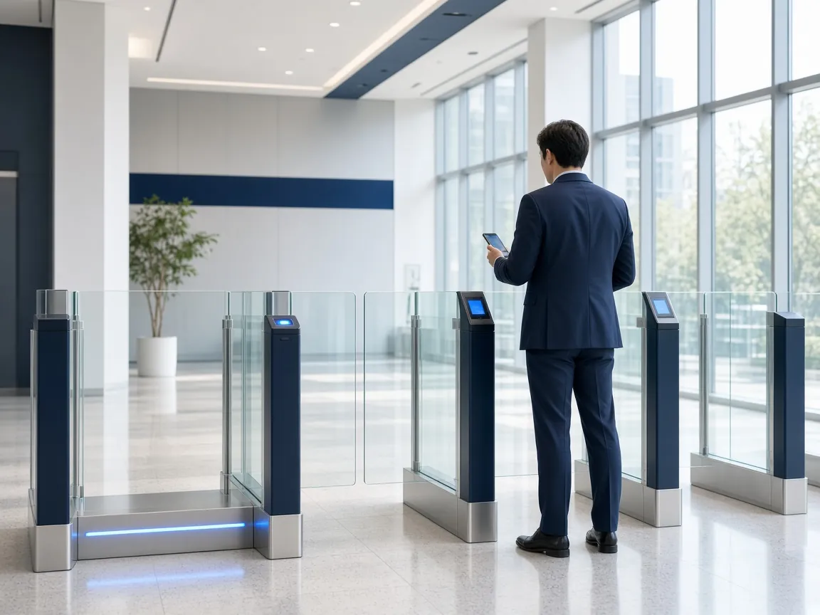 Glass speed gates in a bright office lobby with a person tapping a phone on the reader