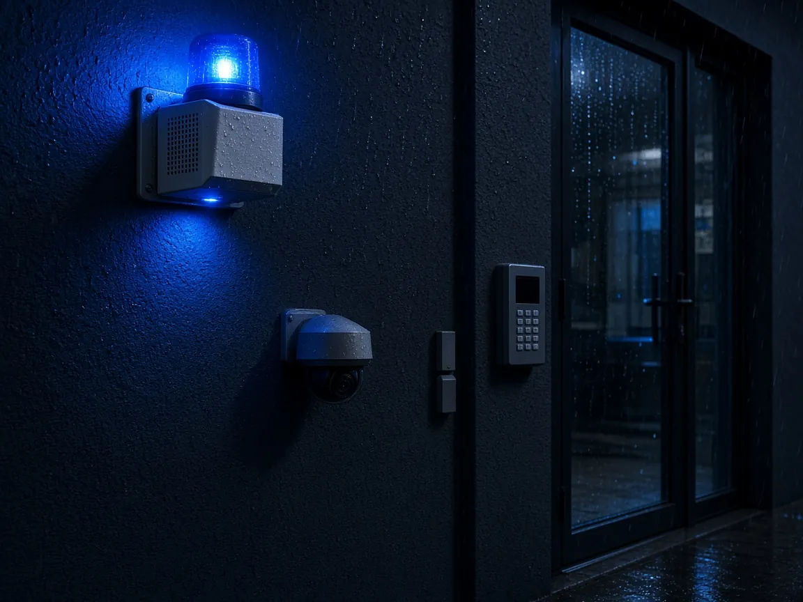 Wall-mounted blue siren, dome camera and alarm keypad at a building door at night