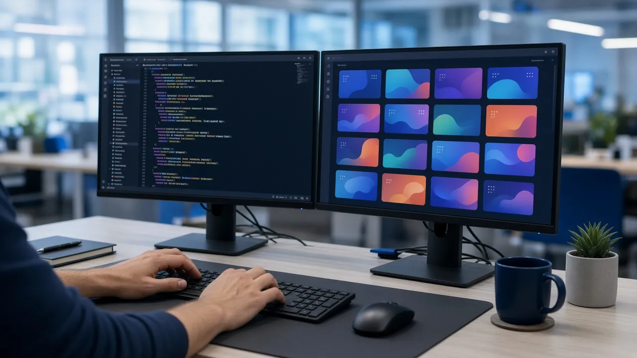 Developer desk with code on one monitor and an app marketplace grid on another