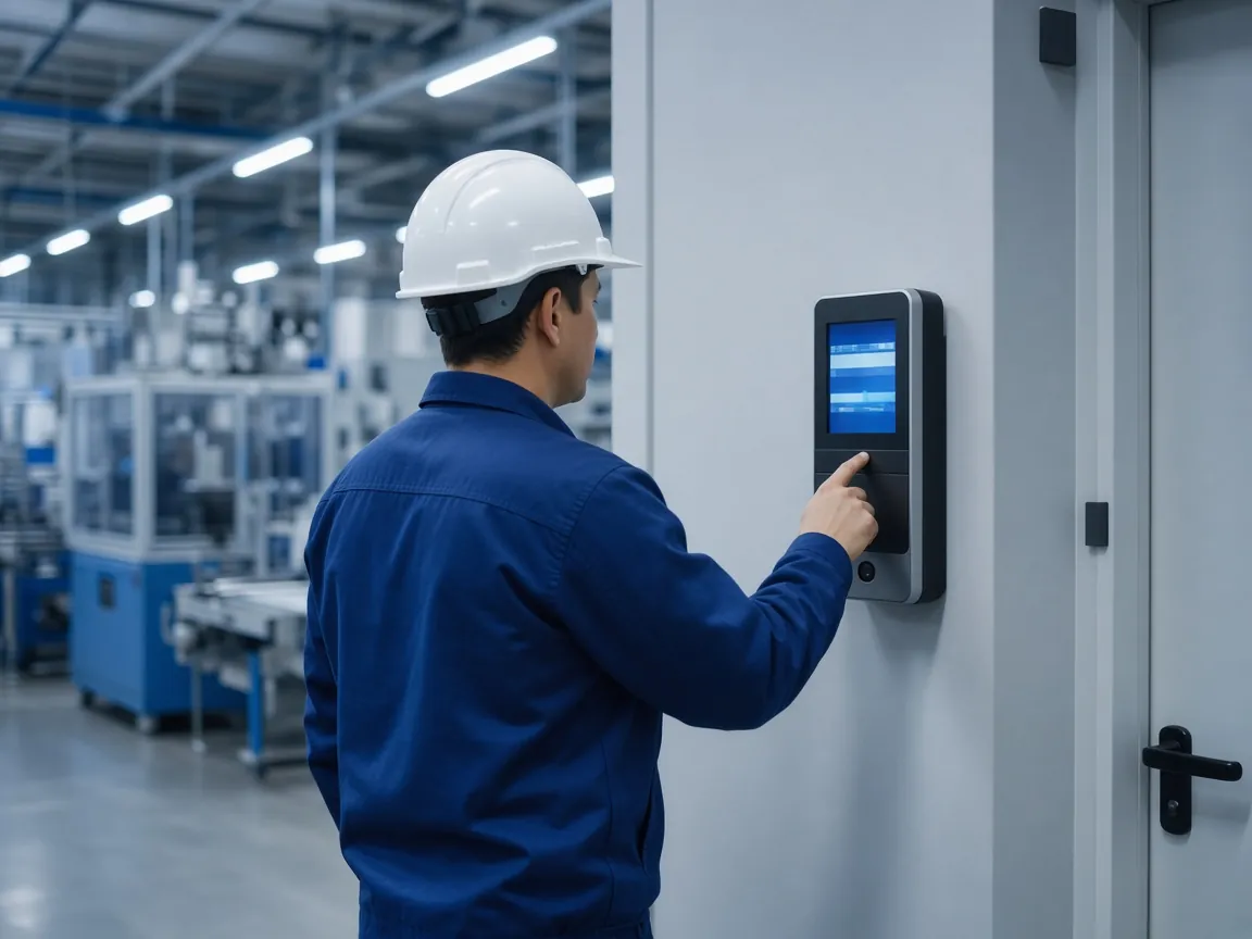 Factory worker in a blue jacket clocking in at a wall terminal
