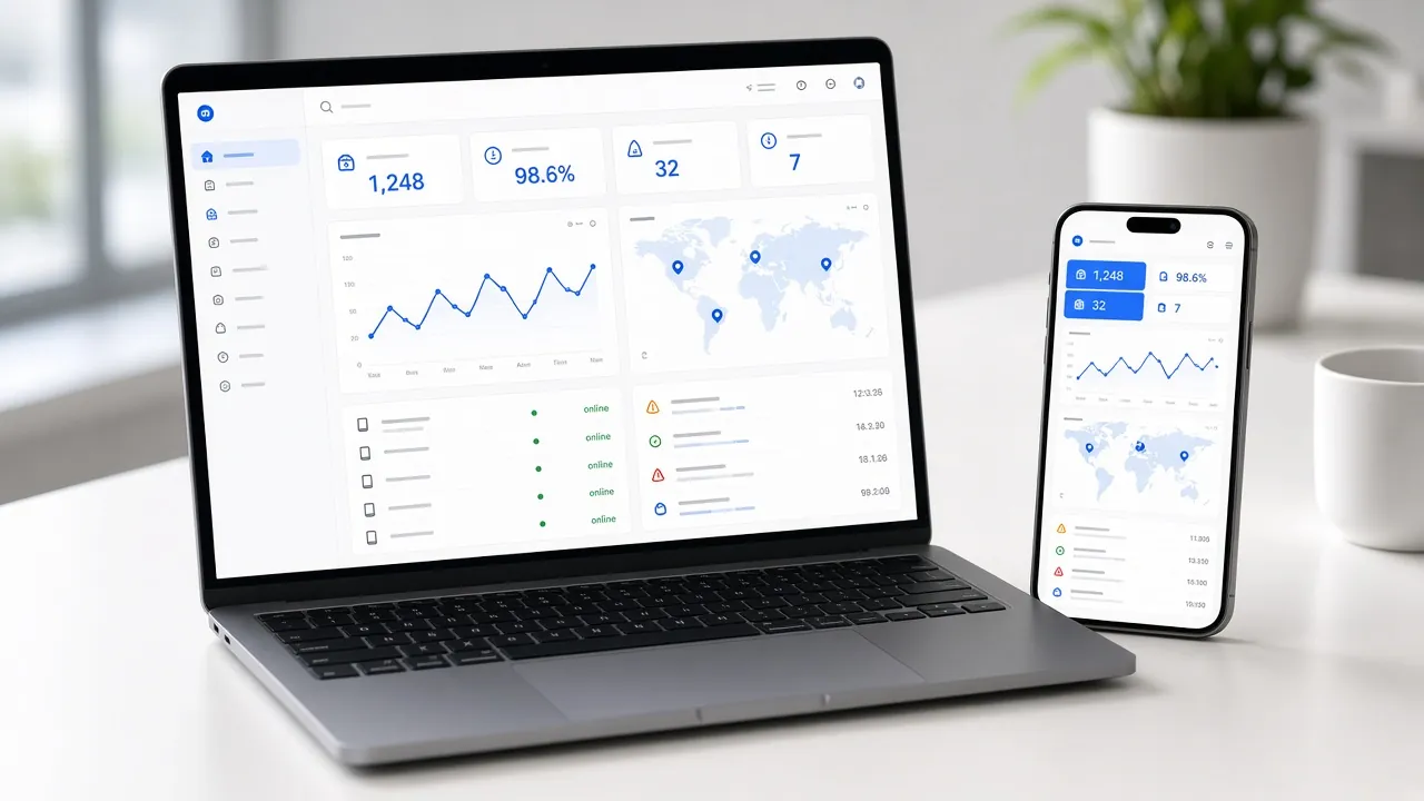 Laptop and smartphone showing a white and blue security dashboard