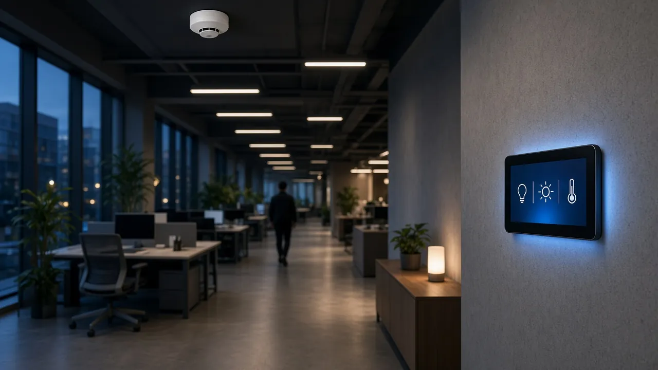 Smart office at night with zoned lighting, a ceiling presence sensor and a wall control panel