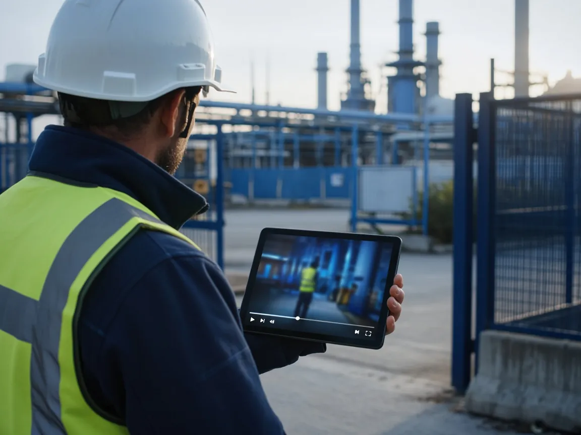 Contractor in a high-visibility vest watching a safety training video on a tablet
